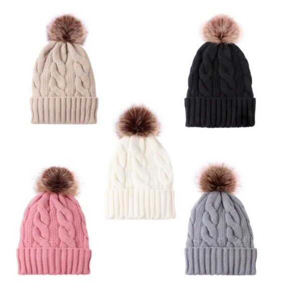 2/$30 Beige Cable-Knit Beanie Hat with Pom-Pom Autumn Winter Women Men Unisex - Picture 4 of 5